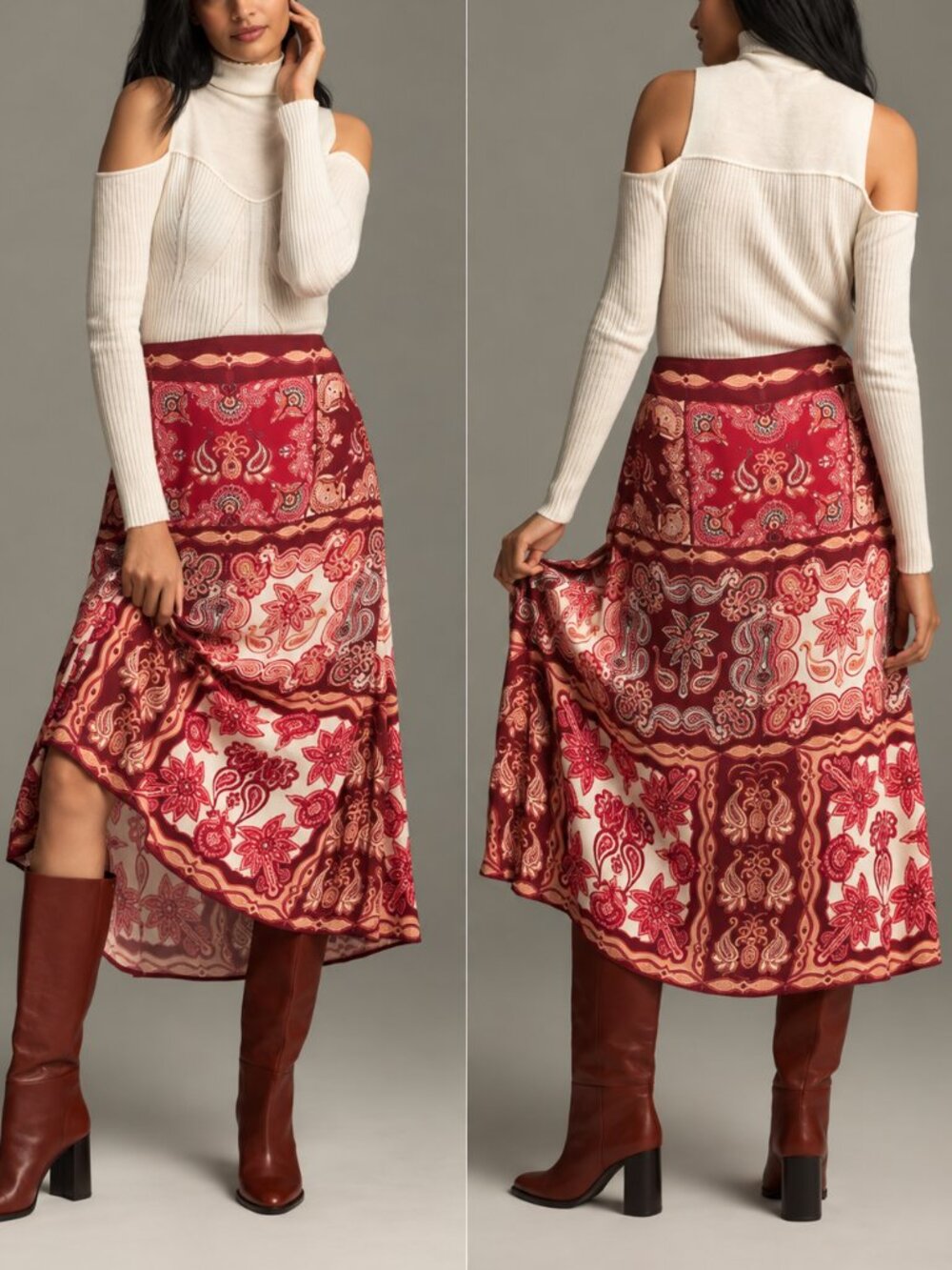 FARM Rio Red Paisley Floral Slip Midi Skirt Medium